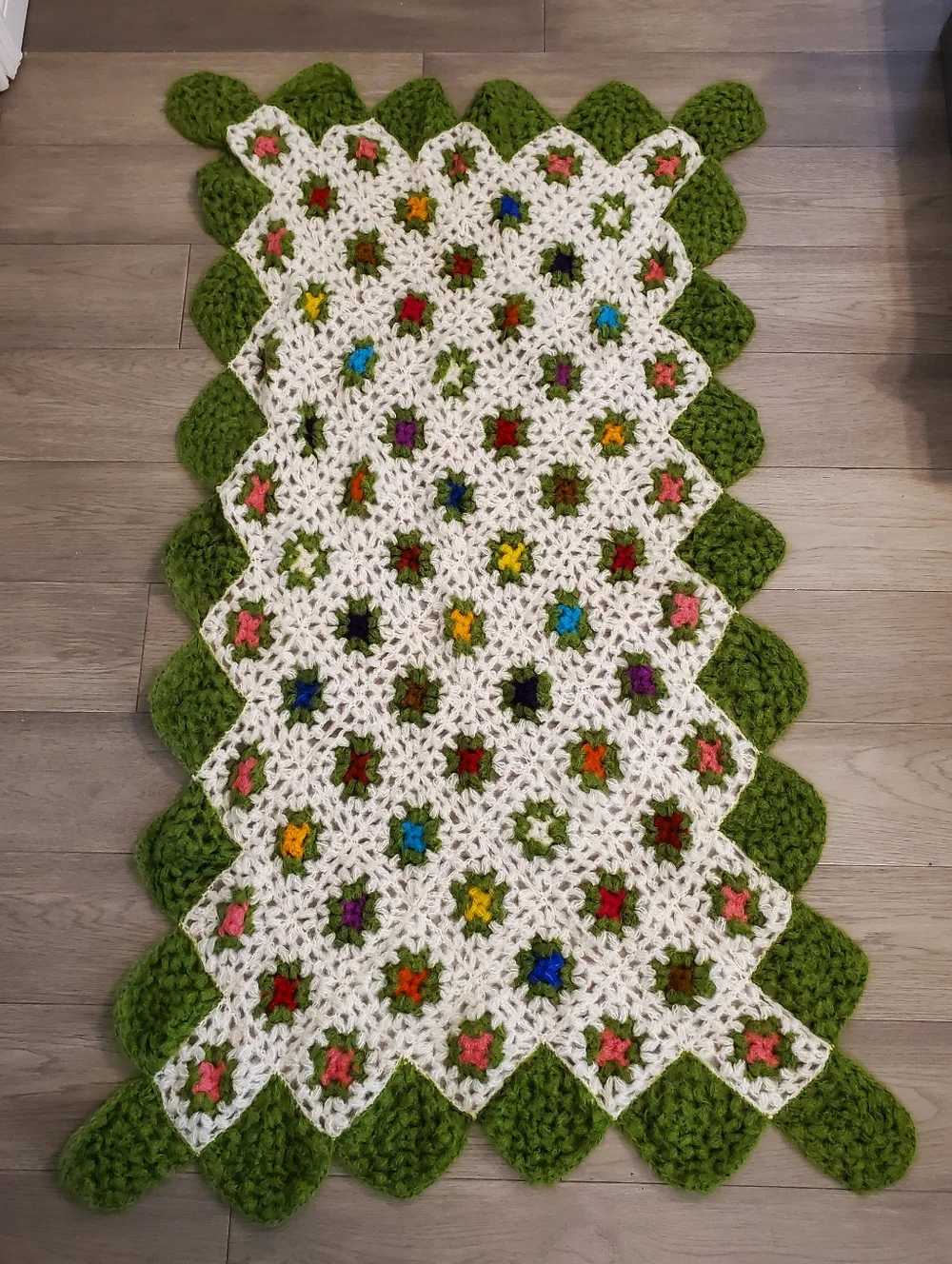 Handmade Crochet Blanket in White and Green with Multicolor Accents